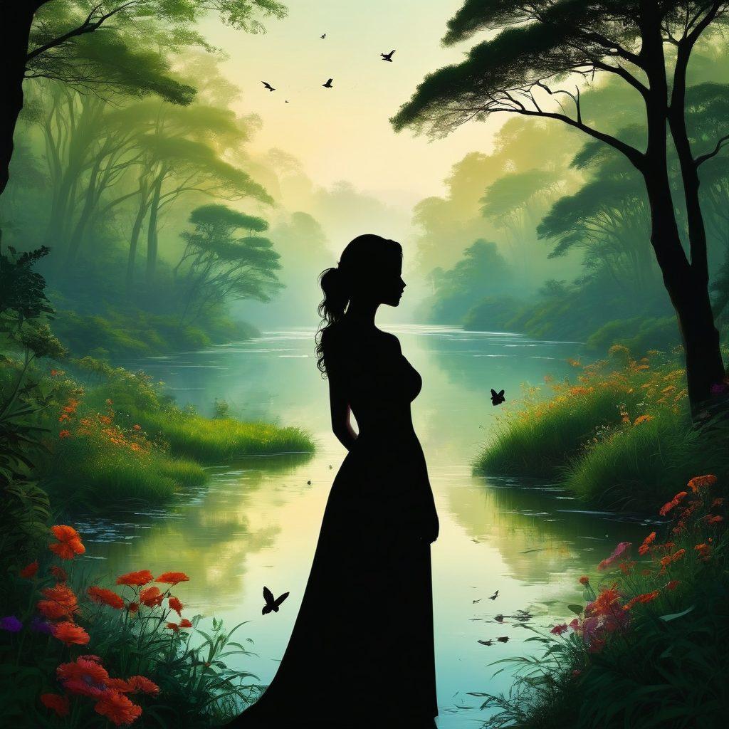 A serene landscape depicting a harmony between female silhouette and various wildlife species blending seamlessly into nature. The silhouette should be shaped by lush green trees, delicate flowers, and soft streams, with birds and butterflies interacting around it. Emphasize the nurturing aspect of female anatomy through gentle curves that mimic the flow of nature. Include vibrant colors to highlight the vividness of life and tranquility. super-realistic. vibrant colors.